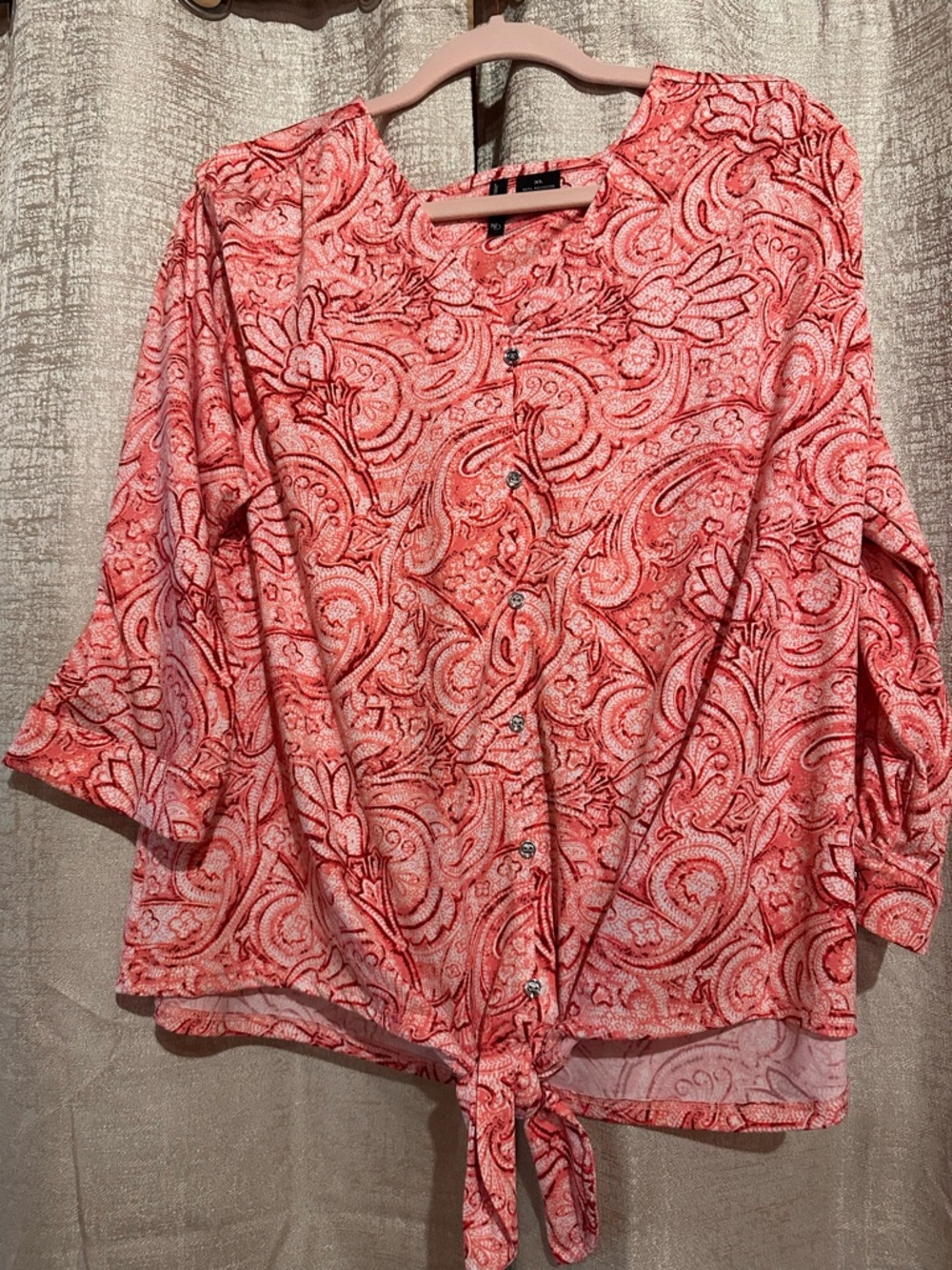 new directions Coral Paisley Button-Front Tie Hem Blouse